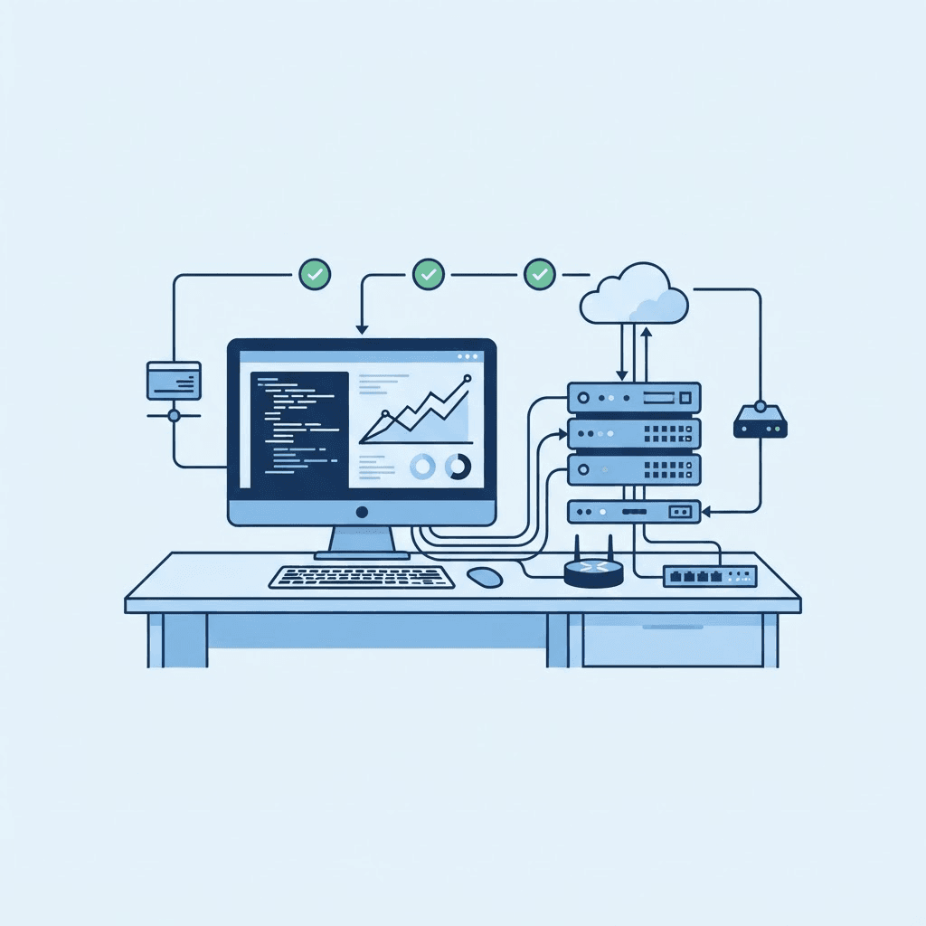 Organized business workstation with connected network and status indicators