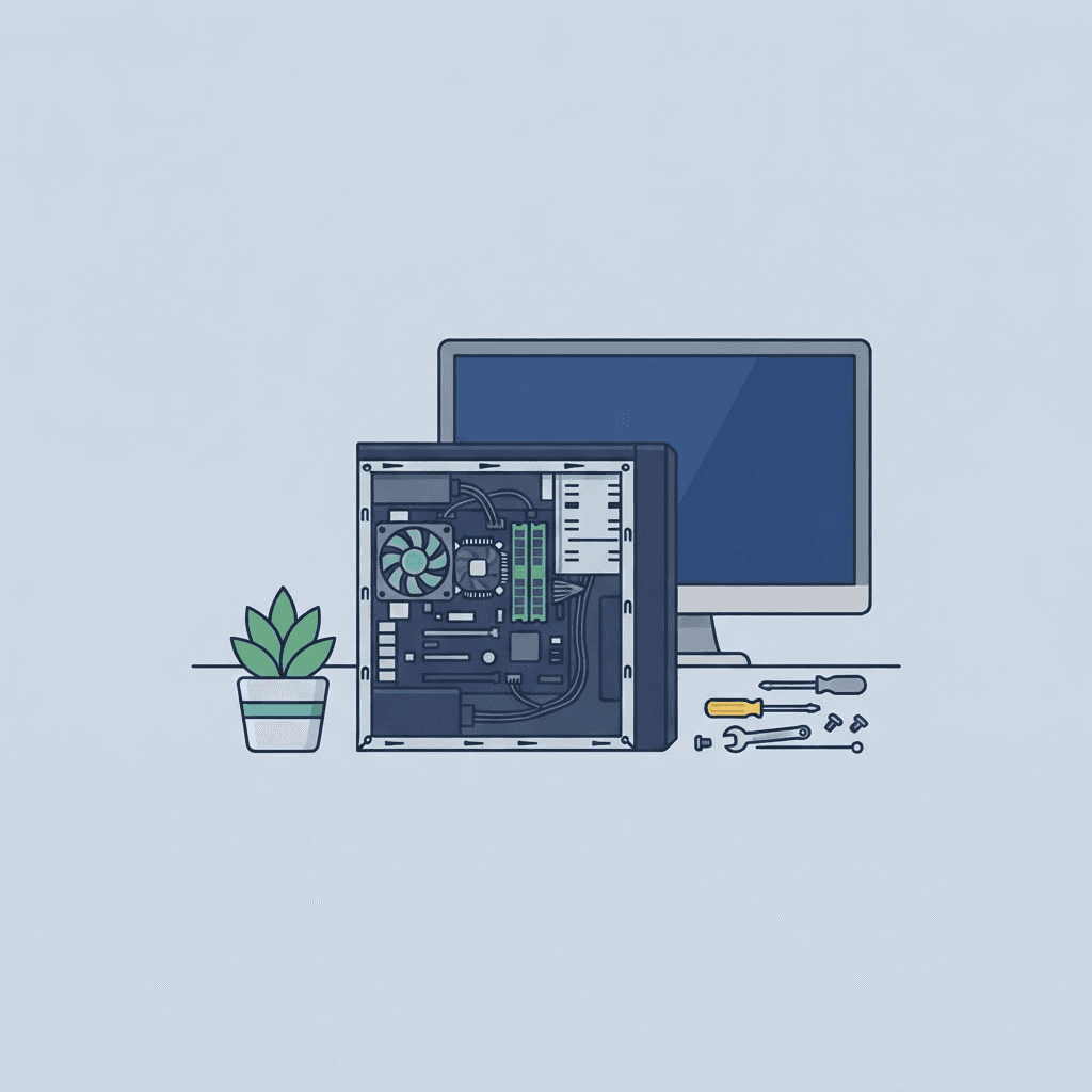 Desktop computer with visible components, monitor, and repair tools