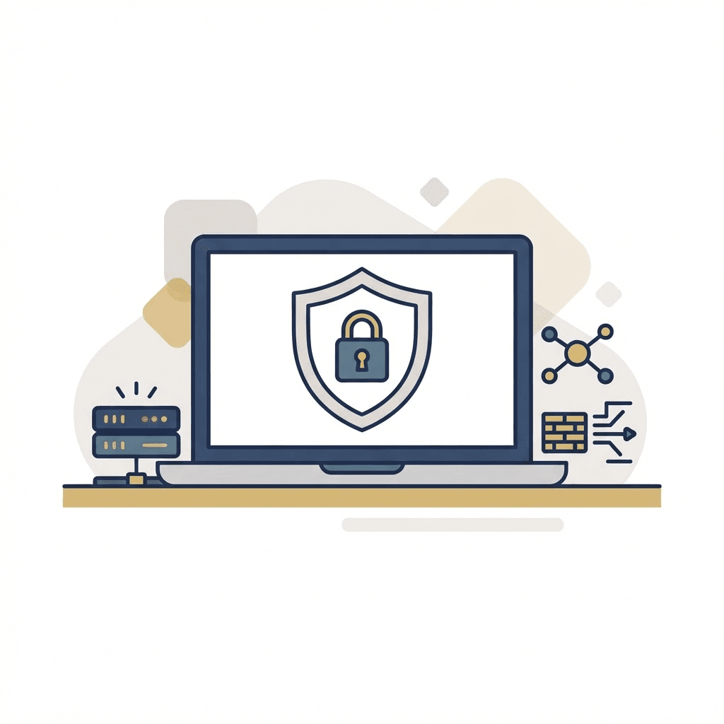 Laptop with a shield and lock beside protected server elements